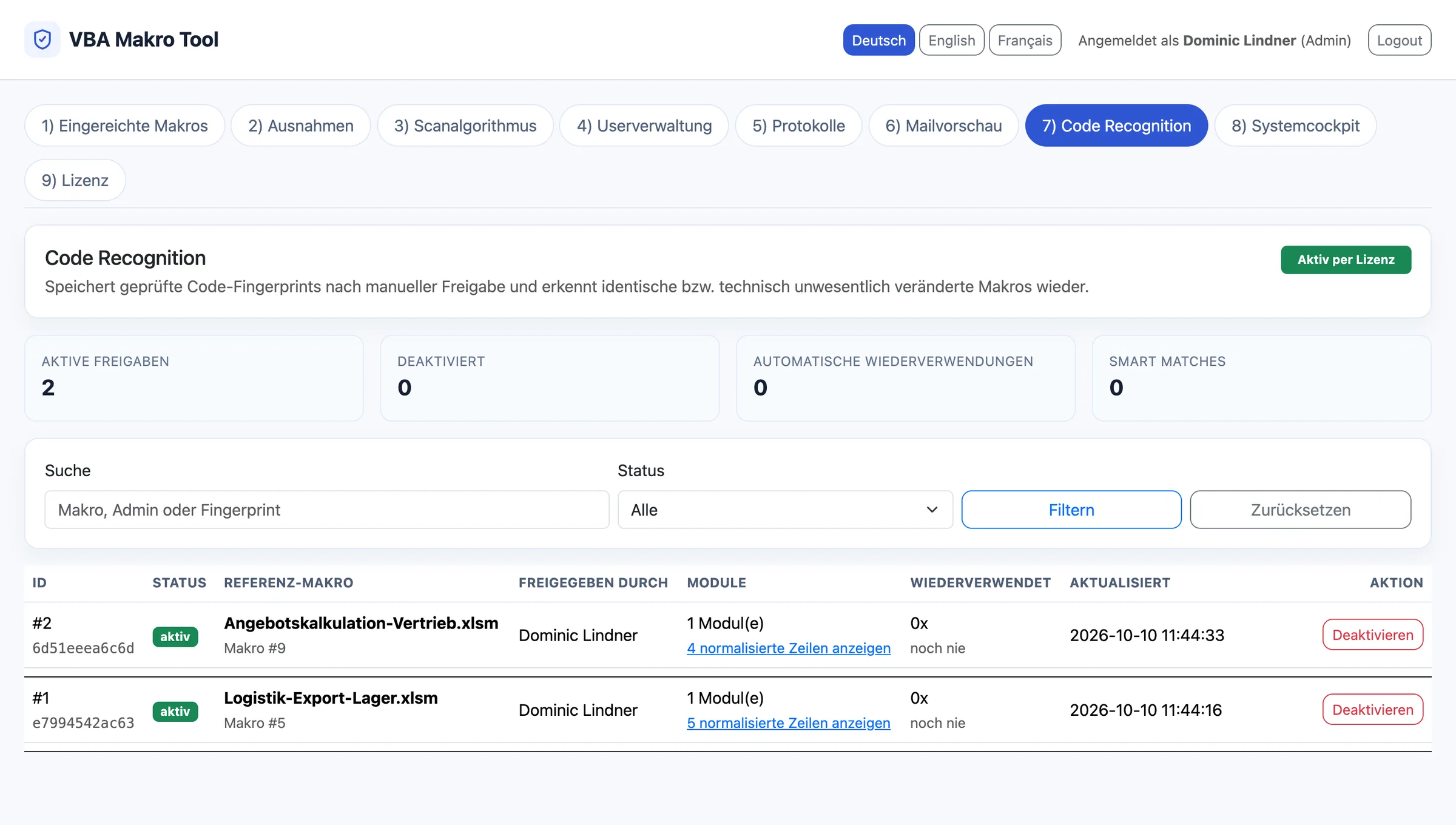 Code Recognition mit gespeicherten Referenz-Fingerprints freigegebener Makros