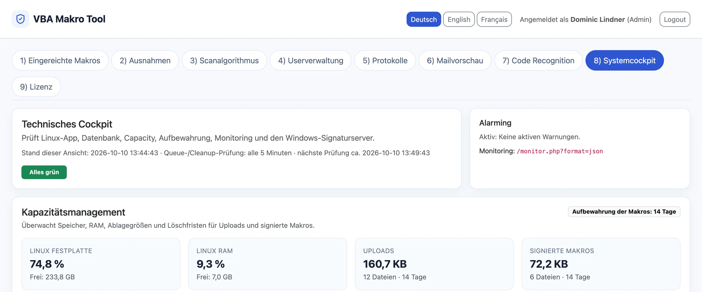 Systemcockpit mit Status, Alarmierung und Kapazitätsmanagement