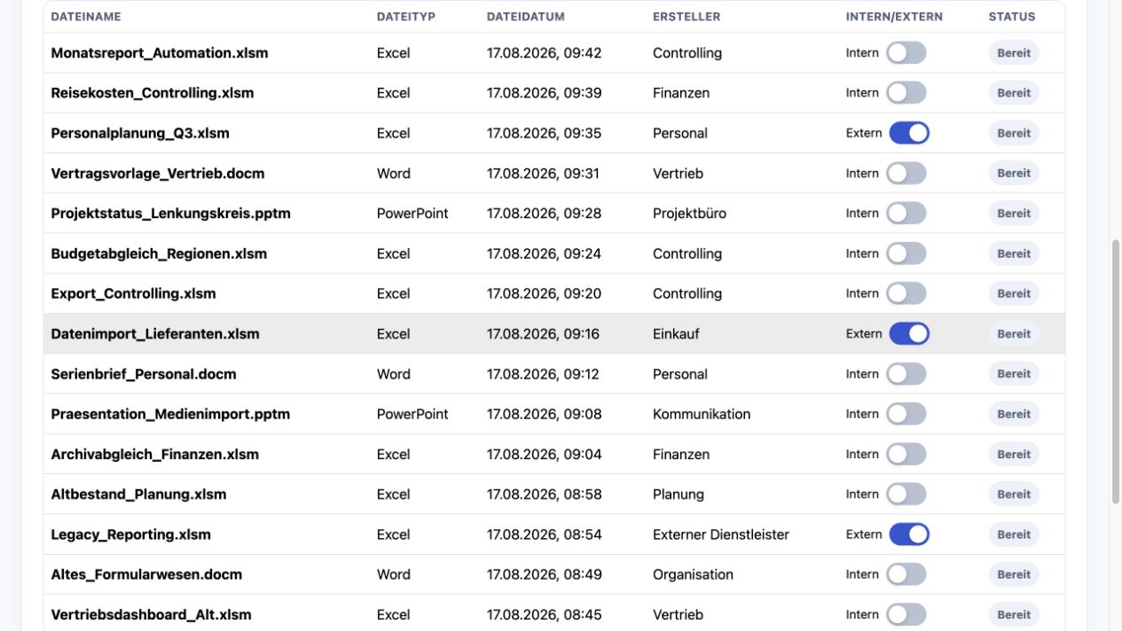 Batch-Upload mit 15 Office-Makros und individueller Intern-Extern-Zuordnung