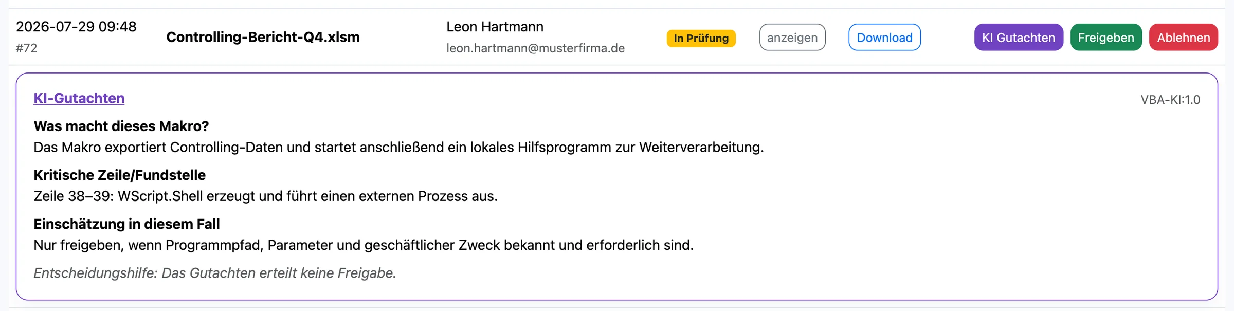KI-Gutachten zu Controlling-Bericht-Q4.xlsm: Export mit Start eines lokalen Hilfsprogramms