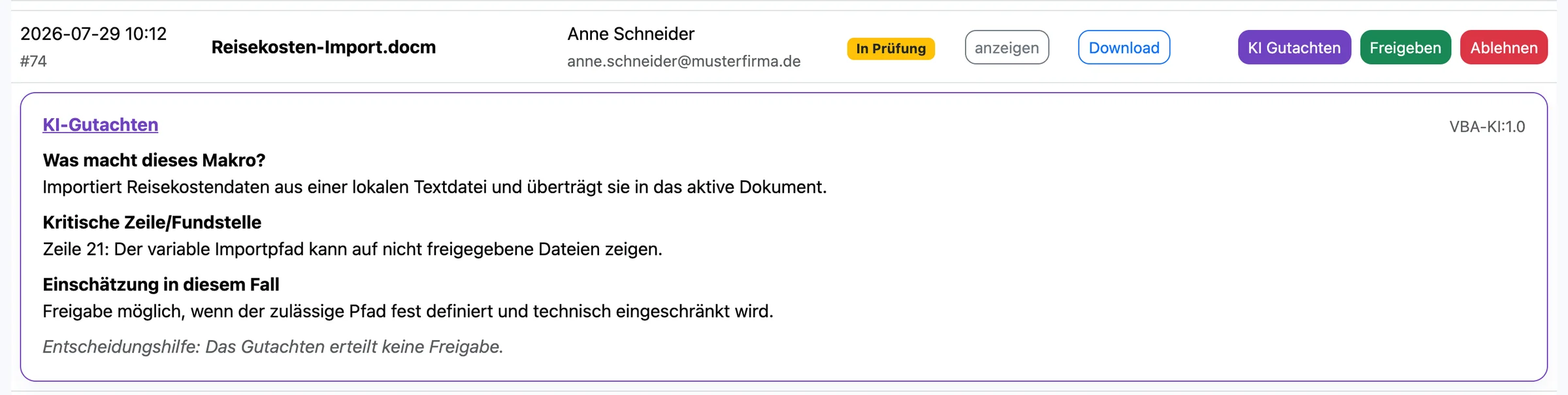 KI-Gutachten zu Reisekosten-Import.docm: variabler Importpfad als kritische Fundstelle