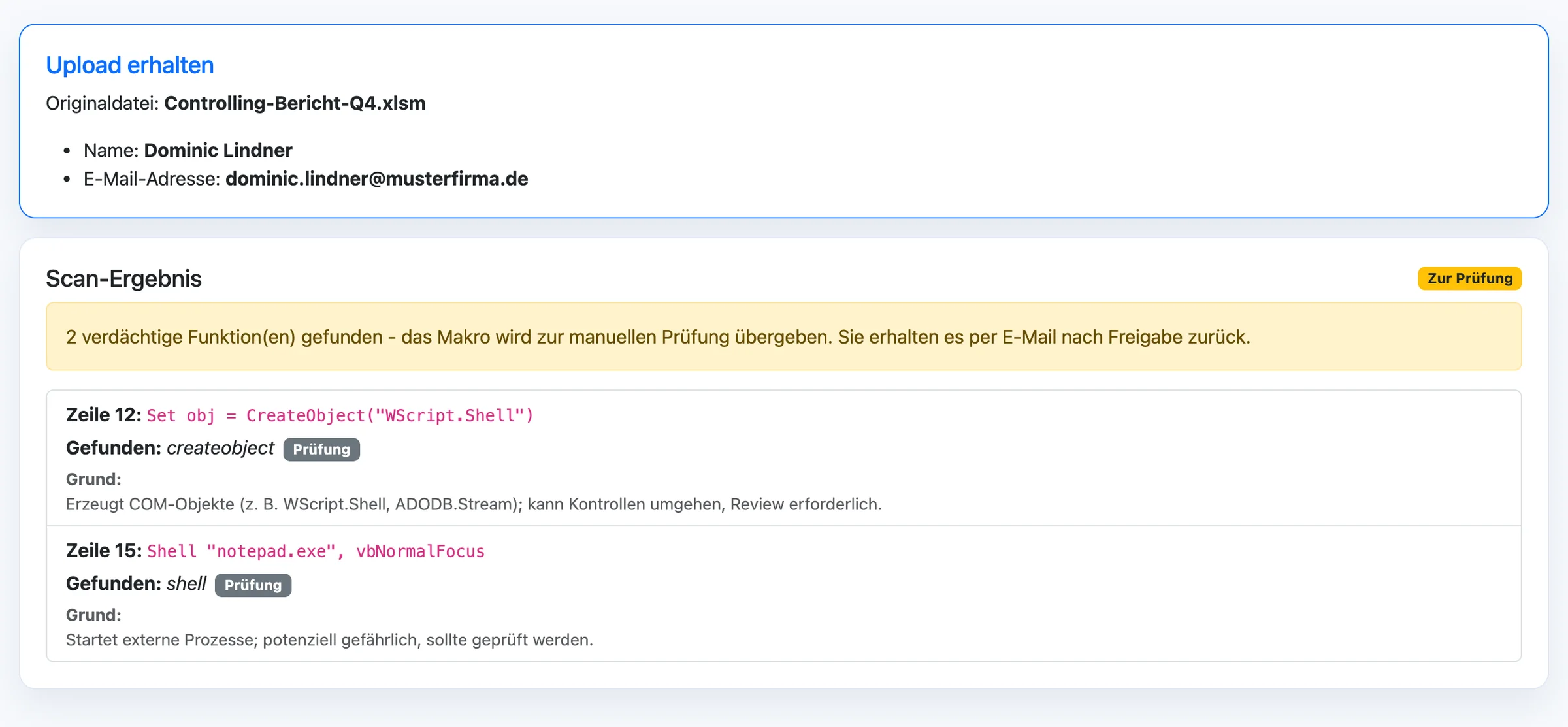 BSI-orientierte automatische Codeprüfung eines Office-Makros mit markierten Fundstellen und Prüfgrund