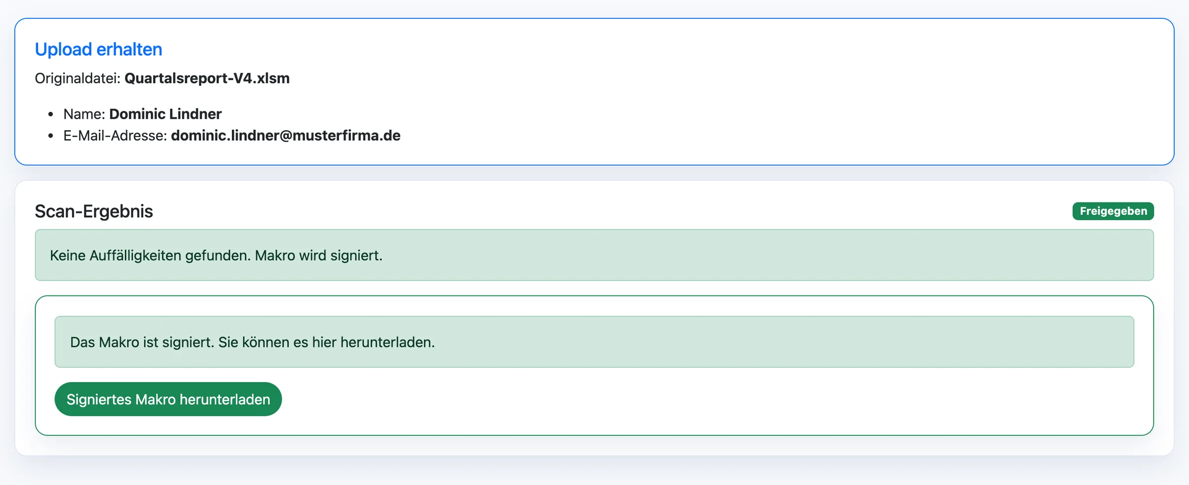 Freigegebenes Office-Makro, automatisch signiert und zum Download bereit