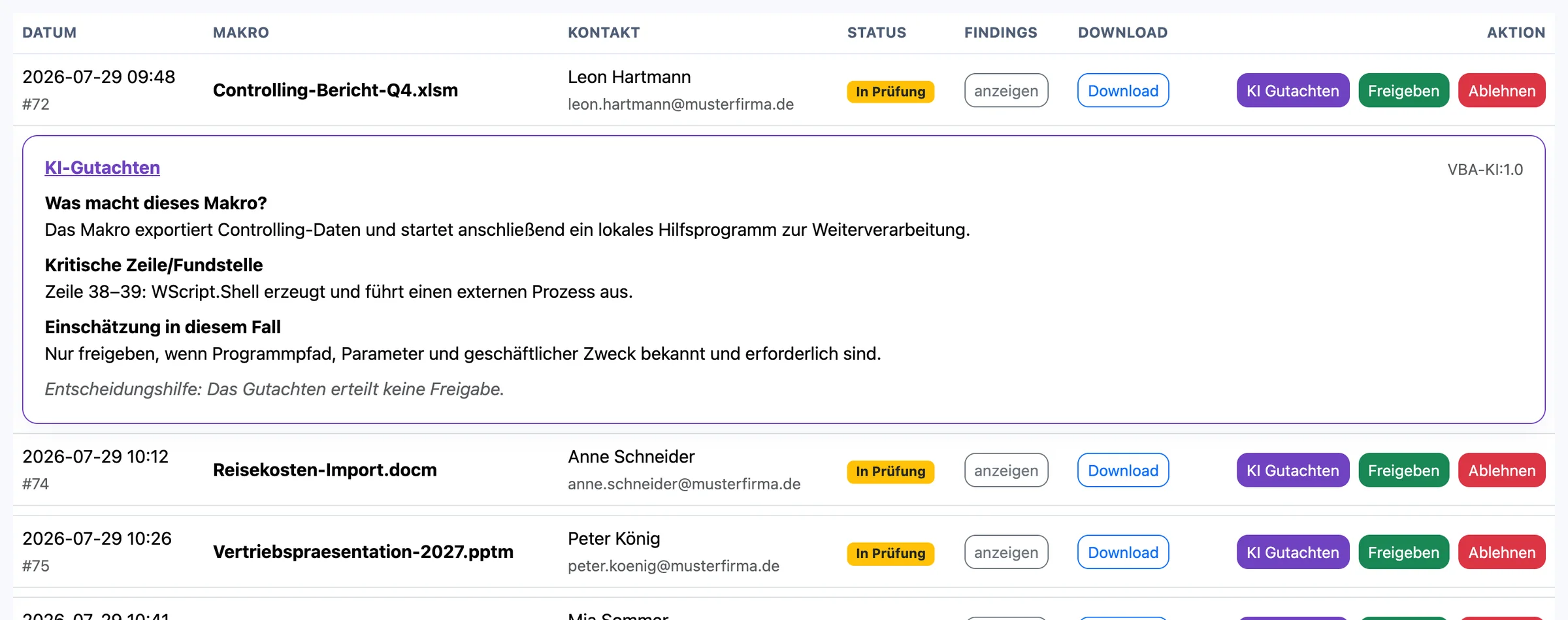 Geöffnetes KI-Gutachten mit Makrozweck, kritischer Fundstelle und Einschätzung