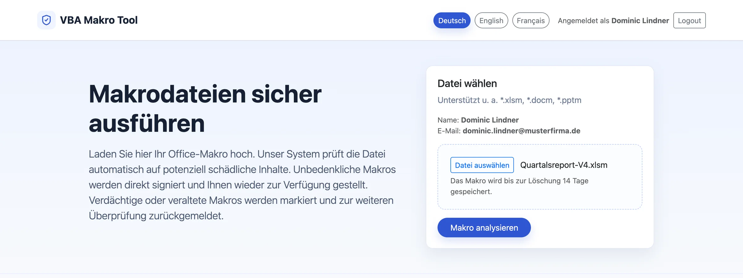 Upload-Seite des Makro-VBA-Tools mit ausgewählter Datei Quartalsreport-V4.xlsm